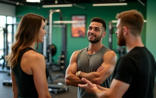 Premier Fit Coaching trainers consulting with clients in a modern gym