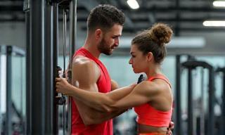 Personal trainer assisting a client on a strength machine