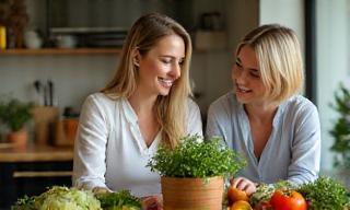 Coach discussing nutrition plan with a client holding fresh vegetables