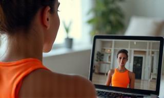 Client following a trainer's instruction on a video call at home