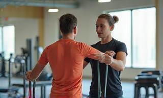 Trainer guiding a client with resistance bands for rehabilitation
